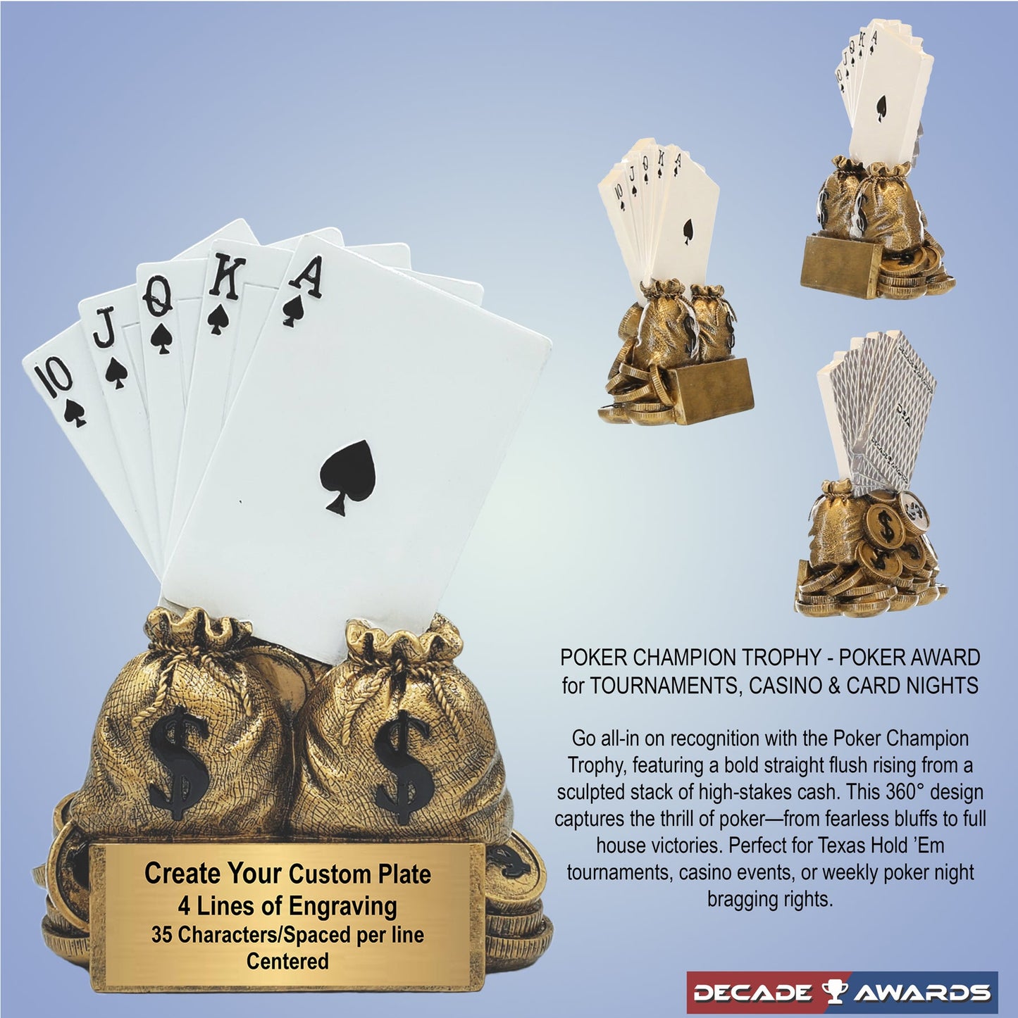 Personalized Poker Champion Trophy with Playing Card Design – 6 Inch Custom Engraved Award by Decade Awards