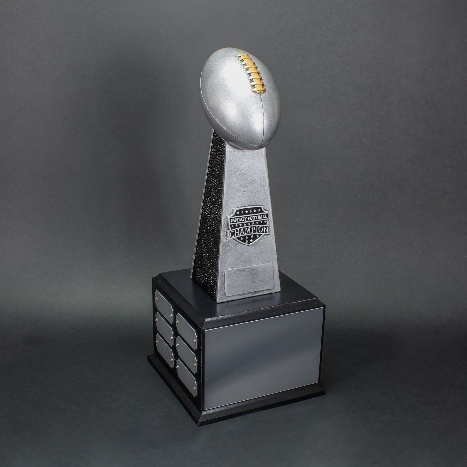 Fantasy Football Champion Trophy, Silver Tower Perpetual Award | Engraved Silver Tower FFL Perpetual Award - 16.75 Inch Tall Decade Awards
- Black Base