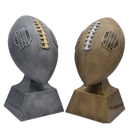 Gold Fantasy Football Trophy with contrasting silver laces and Champion shield – Custom engraved FFL winner award from Decade Awards