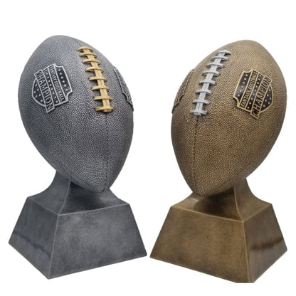 Gold Fantasy Football Trophy with contrasting silver laces and Champion shield – Custom engraved FFL winner award from Decade Awards