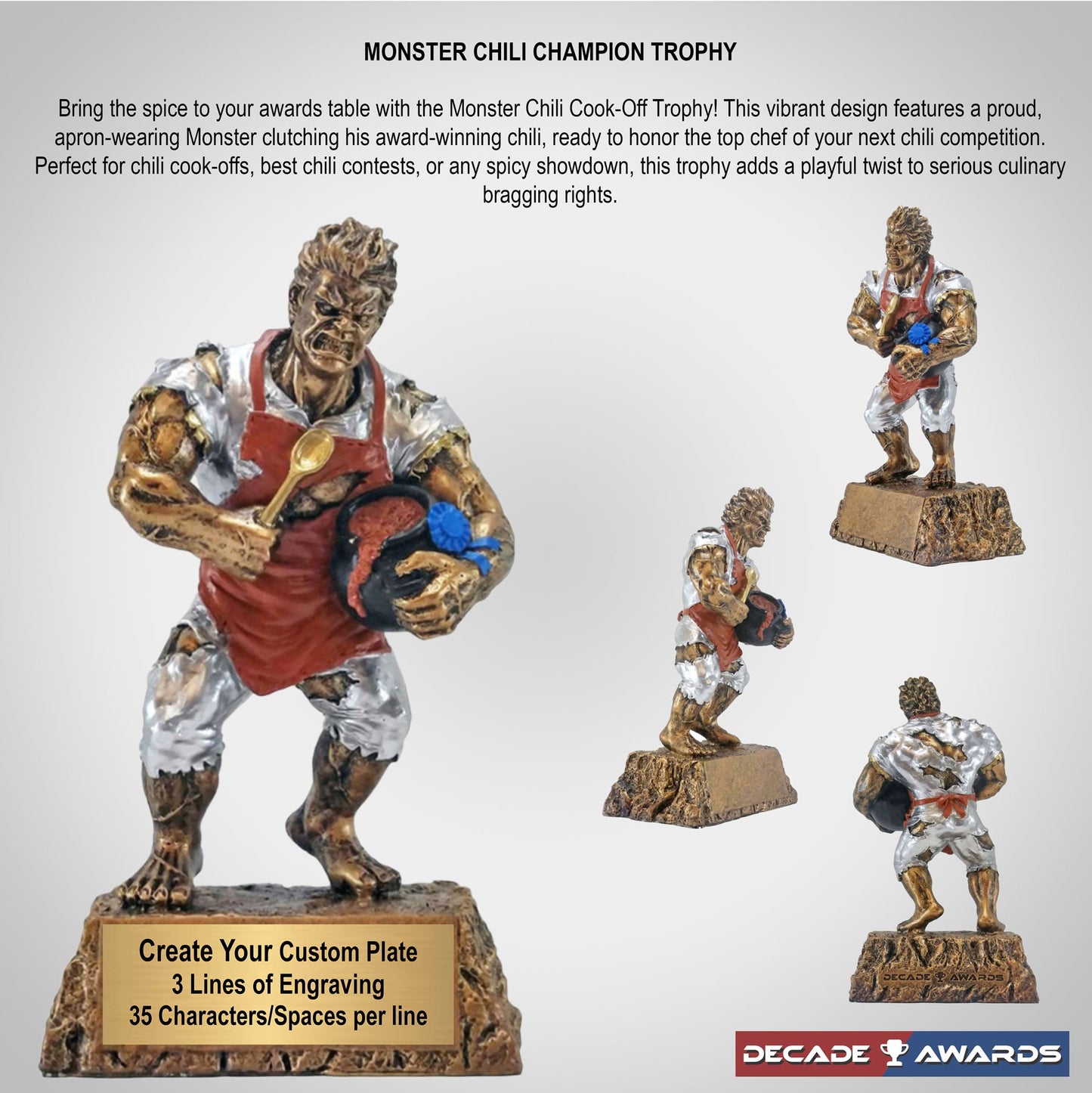 Monster Chili Champion Trophy – 6.75 Inch Engraved Chili Cook-Off Beast Award | Decade Awards