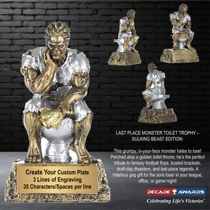 Toilet Monster Trophy | Engraved Last Place Monster Trophy - 6.75 Inch Tall Decade Awards