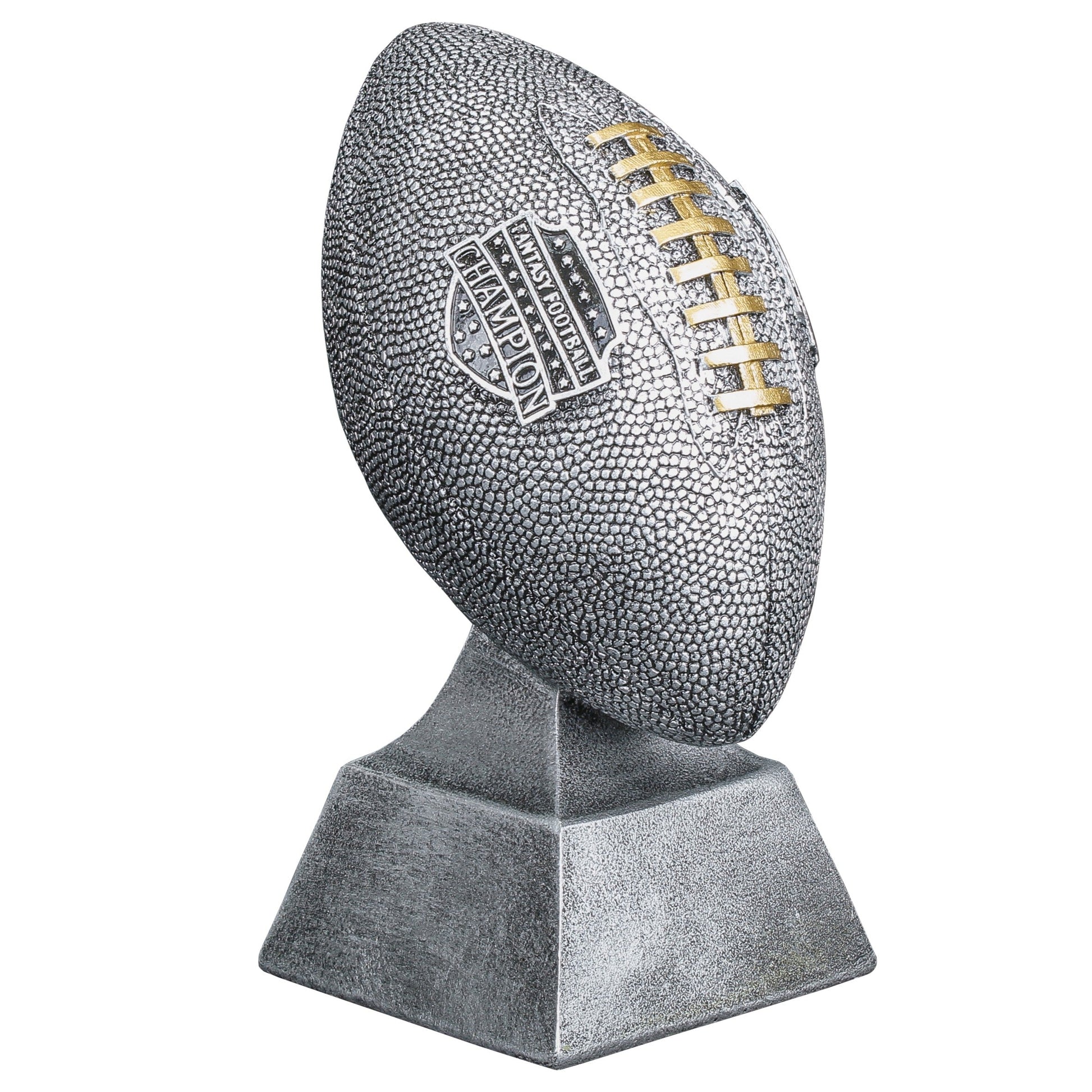 Silver Fantasy Football Trophy with gold laces and Champion shield – Custom engraved FFL winner award from Decade Awards