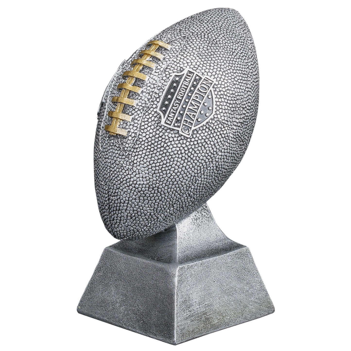 Silver Fantasy Football Trophy with gold laces and Champion shield – Custom engraved FFL winner award from Decade Awards