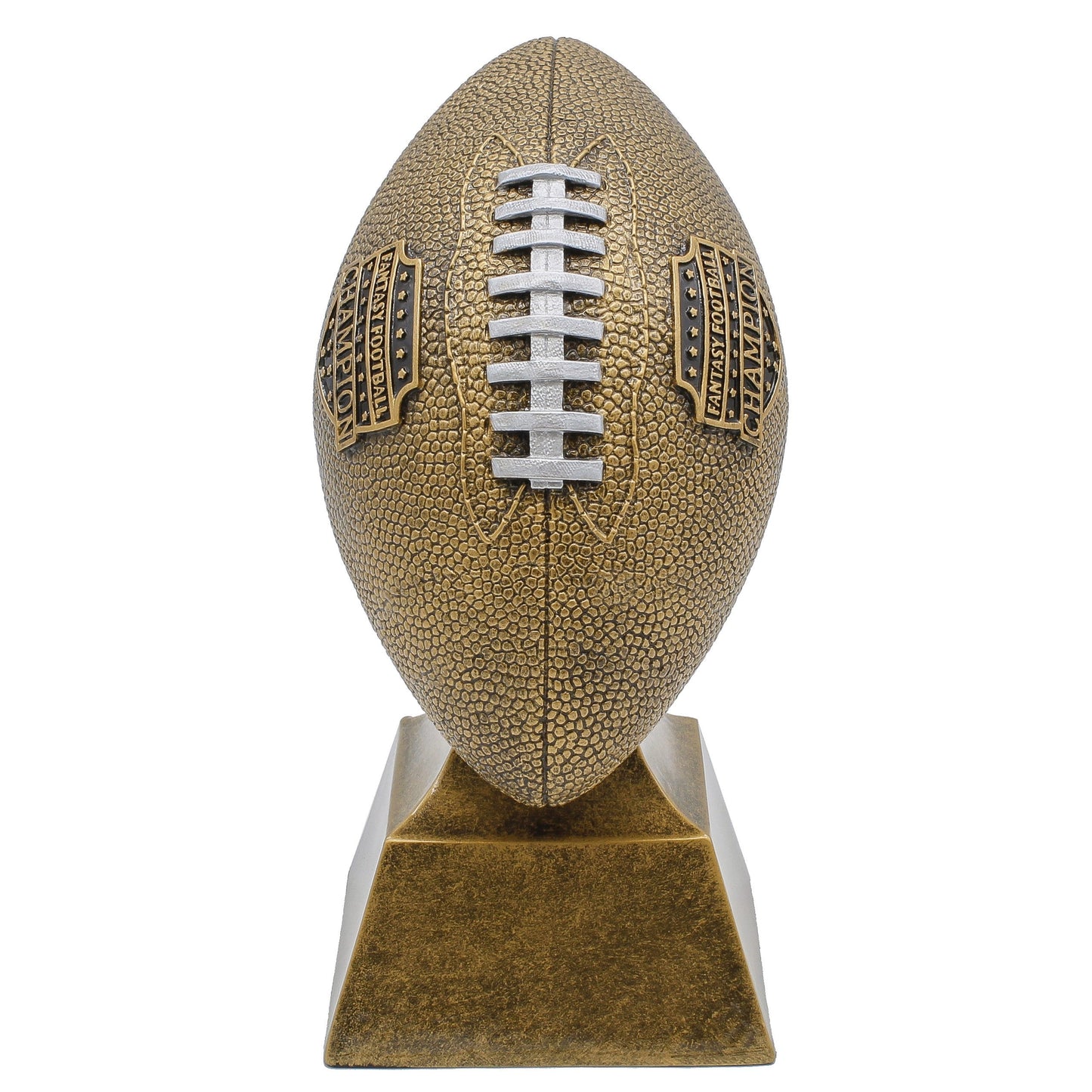 Gold Fantasy Football Trophy with contrasting silver laces and Champion shield – Custom engraved FFL winner award from Decade Awards