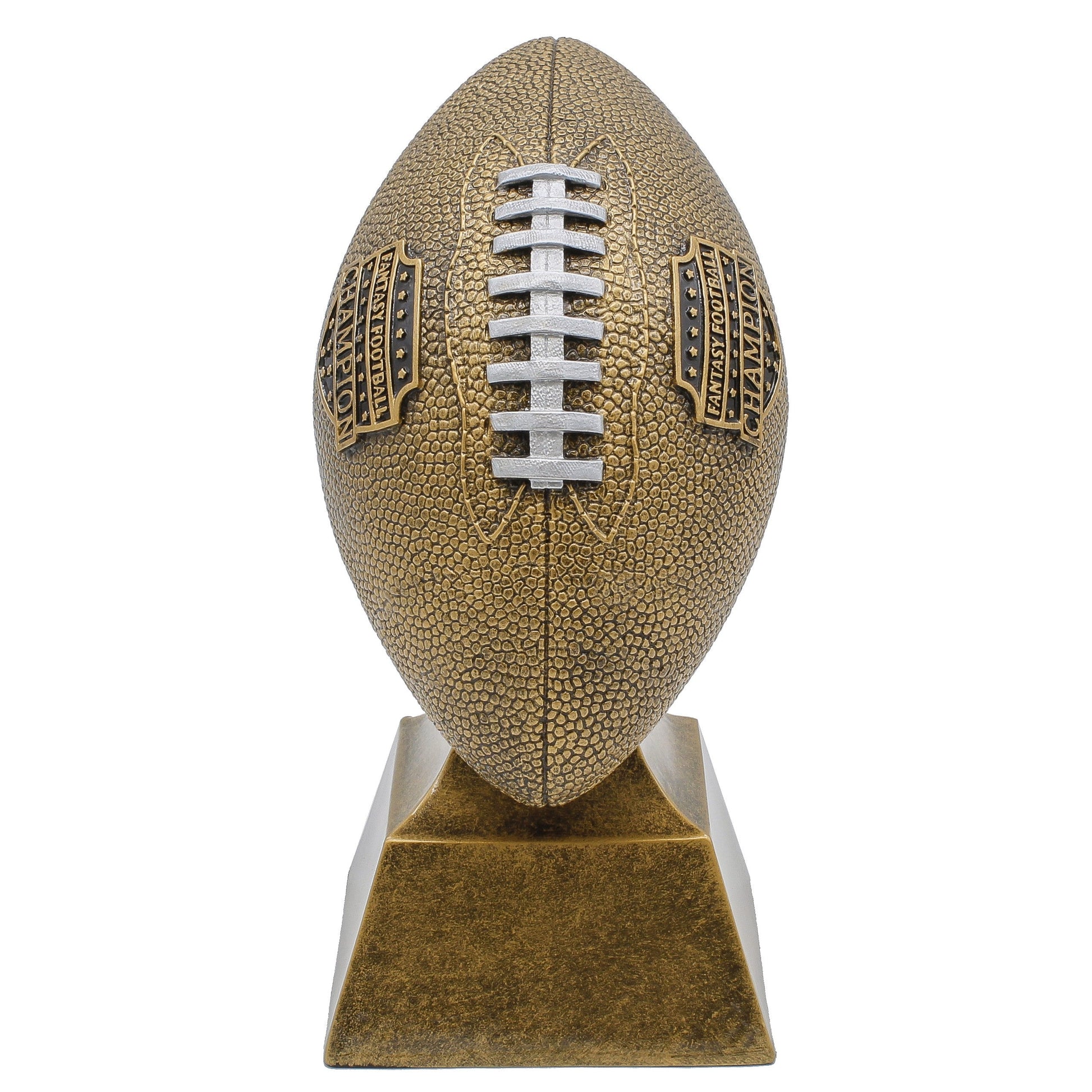 Gold Fantasy Football Trophy with contrasting silver laces and Champion shield – Custom engraved FFL winner award from Decade Awards