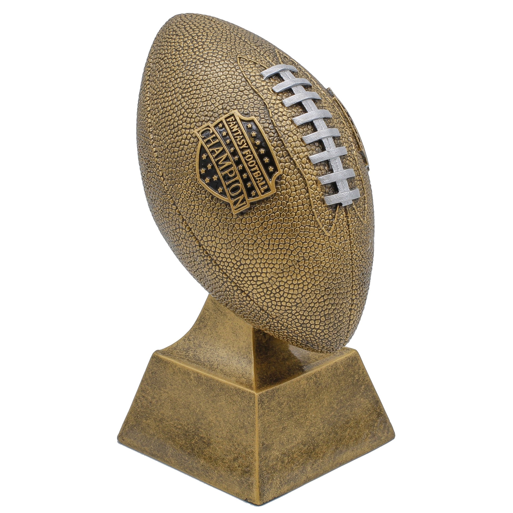 Gold Fantasy Football Trophy with contrasting silver laces and Champion shield – Custom engraved FFL winner award from Decade Awards