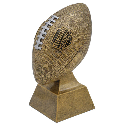 Gold Fantasy Football Trophy with contrasting silver laces and Champion shield – Custom engraved FFL winner award from Decade Awards