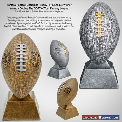 Gold Fantasy Football Trophy with contrasting silver laces and Champion shield – Custom engraved FFL winner award from Decade Awards