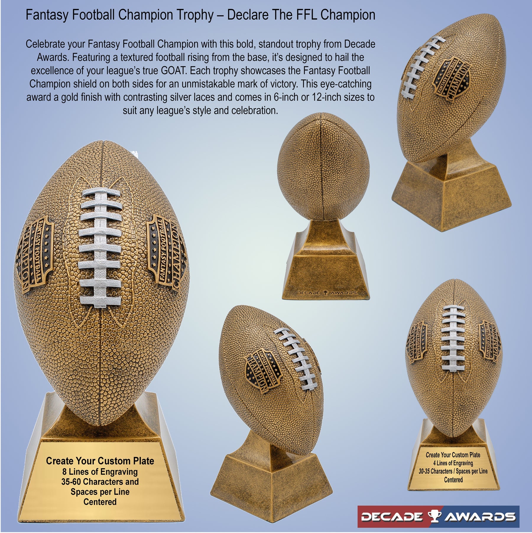 Gold Fantasy Football Trophy with contrasting silver laces and Champion shield – Custom engraved FFL winner award from Decade Awards