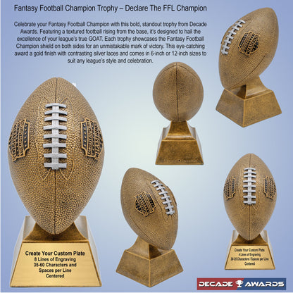 Gold Fantasy Football Trophy with contrasting silver laces and Champion shield – Custom engraved FFL winner award from Decade Awards