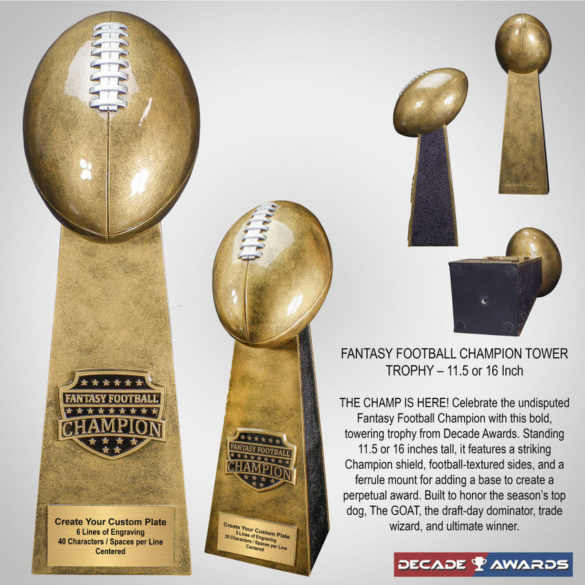 Fantasy Football Champion Tower Trophy - Gold | Engraved FFL Award - 11.5 or 16 Inch Tall