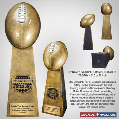 Fantasy Football Champion Tower Trophy - Gold | Engraved FFL Award - 11.5 or 16 Inch Tall