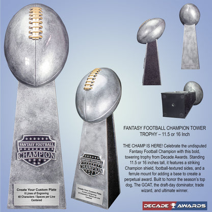 Fantasy Football Champion Tower Trophy - Silver - Engraved FFL Award - Fantasy League Champion Trophy - 11.5 or 16 Inch Tall Decade Awards