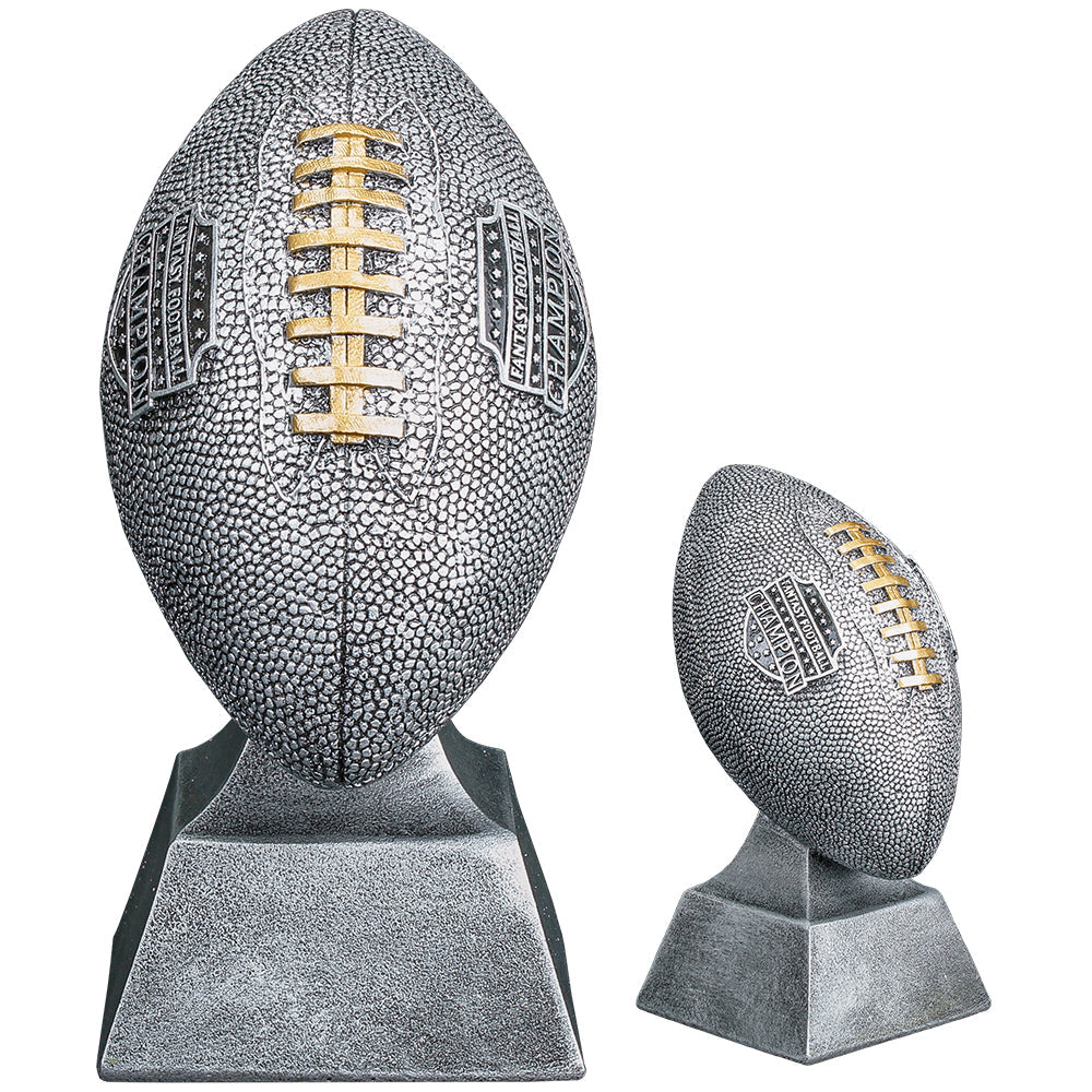 Silver Fantasy Football Trophy with gold laces and Champion shield – Custom engraved FFL winner award from Decade Awards