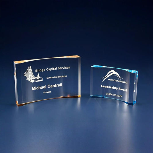 Crescent Acrylic Award - Blue or Gold | Engraved Acrylic Award - 3.5" x 5" OR 4.5" x 7" Decade Awards