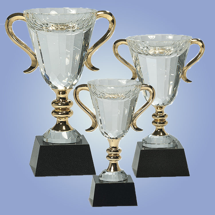 Cup Trophy - Crystal with Gold Handles on a Black Marble Base| Engraved Crystal Cup Award with Scroll Handles - 7.25, 8.5 or 10 Inch Tall   Decade Awards