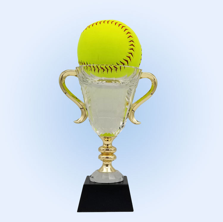 Cup Trophy - Crystal with Gold Handles on a Black Marble Base| Engraved Crystal Cup Award with Scroll Handles - 7.25, 8.5 or 10 Inch Tall   Decade Awards