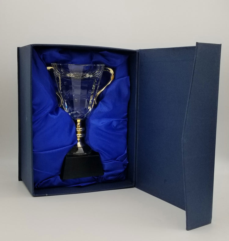 Cup Trophy - Crystal with Gold Handles on a Black Marble Base| Engraved Crystal Cup Award with Scroll Handles - 7.25, 8.5 or 10 Inch Tall   Decade Awards