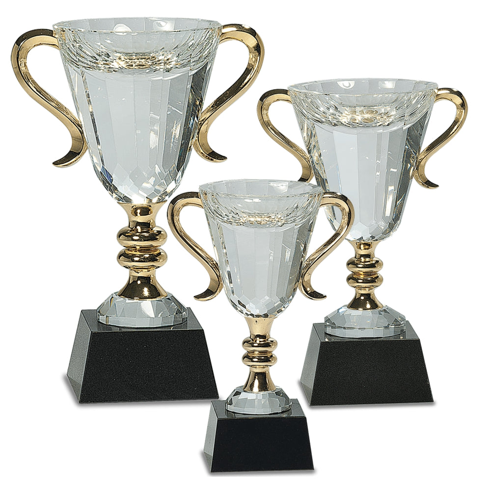 Cup Trophy - Crystal with Gold Handles on a Black Marble Base| Engraved Crystal Cup Award with Scroll Handles - 7.25, 8.5 or 10 Inch Tall   Decade Awards