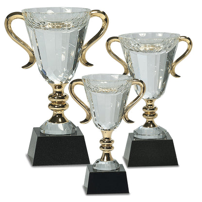 Cup Trophy - Crystal with Gold Handles on a Black Marble Base| Engraved Crystal Cup Award with Scroll Handles - 7.25, 8.5 or 10 Inch Tall   Decade Awards