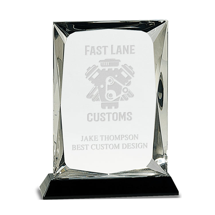 Crystal Plaque on Black Base Trophy - 7 or 8 Inch Tall | Engraved Crystal Award Decade Awards