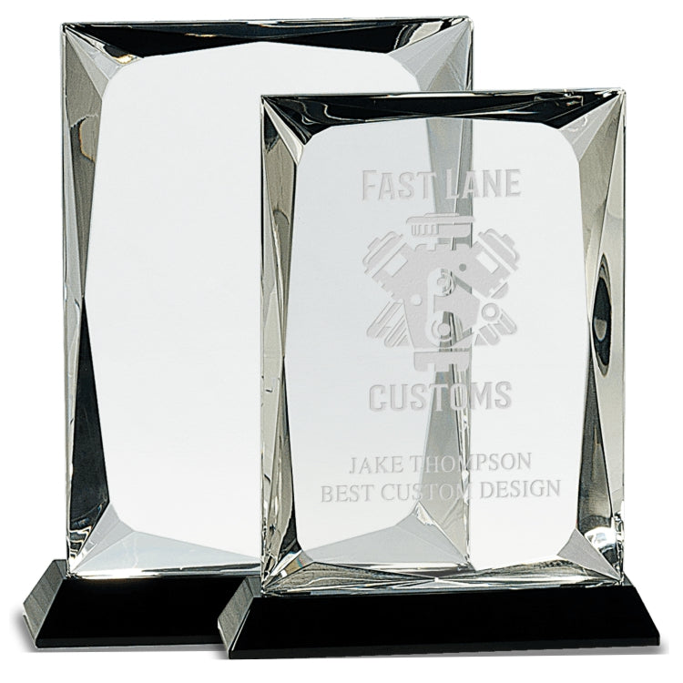 Crystal Plaque on Black Base Trophy - 7 or 8 Inch Tall | Engraved Crystal Award Decade Awards