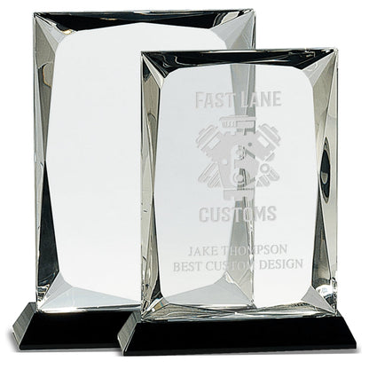 Crystal Plaque on Black Base Trophy - 7 or 8 Inch Tall | Engraved Crystal Award Decade Awards