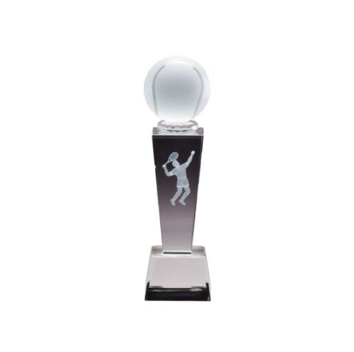 Tennis Crystal Trophy - Male | Engraved Tennis Award - 8.75 Inch Tall