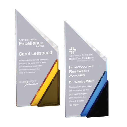 Mountain Peak Crystal Corporate Award, Blue or Gold | Engraved Achievement Crystal Award - 10.75 Inch Tall Decade Awards