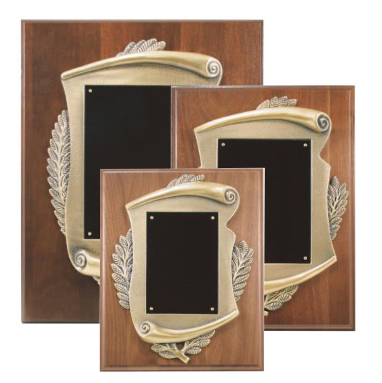 Plaque - 3 Sizes | Solid Walnut with Engraved Scroll Emblem Decade Awards