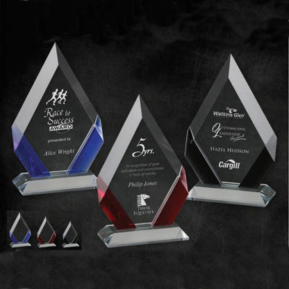 Cambridge Crystal Trophy | Black, Blue, Red Accent | Personalized Corporate Award | 7, 8 or 9 Inches Tall