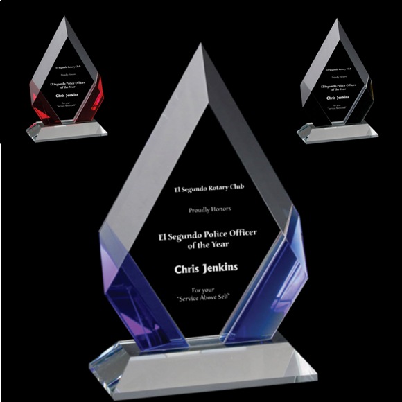 Cambridge Diamond Crystal Award - Black, Blue or Red Accent | Engraved Corporate Award - 7, 8 or 9 Inch Tall Decade Awards