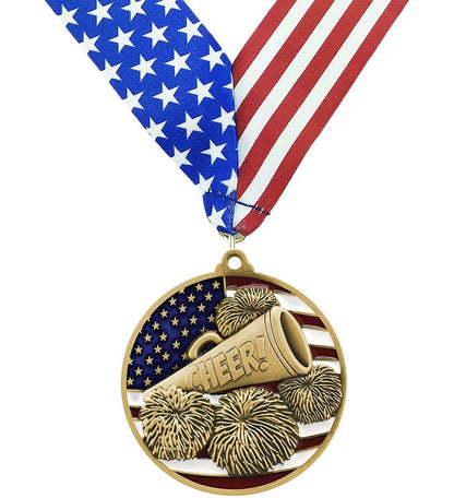 Cheer Patriotic Medal - Gold, Silver or Bronze | Engraved Spirit Team Medal - 2.75 Inch Wide Decade Awards
- Gold Cheer Medal - Stars & Stripes Ribbon