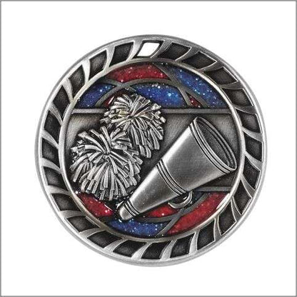 Cheerleading Glitter Medal - Gold or Silver | Engraved Spirit Sparkly Medallion - 2.5 Inch Wide - Clearance Decade Awards