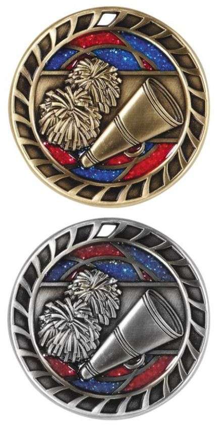 Cheerleading Glitter Medal - Gold or Silver | Engraved Spirit Sparkly Medallion - 2.5 Inch Wide - Clearance Decade Awards