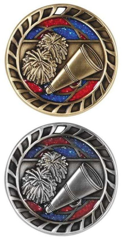 Cheerleading Glitter Medal - Gold or Silver | Engraved Spirit Sparkly Medallion - 2.5 Inch Wide - Clearance Decade Awards