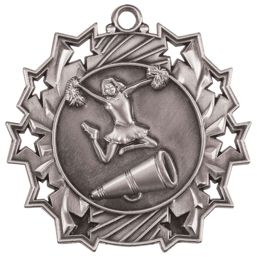 Cheerleading Ten Star Medal - Gold, Silver or Bronze | Engraved Spirit 10 Star Medallion | 2.25 Inch Wide Decade Awards