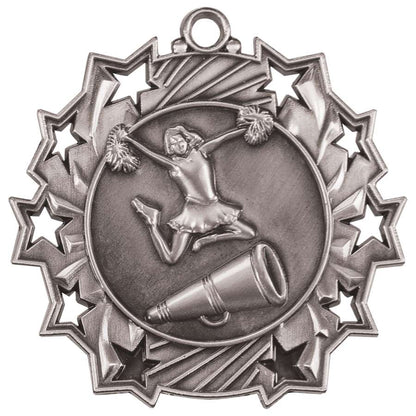 Cheerleading Ten Star Medal - Gold, Silver or Bronze | Engraved Spirit 10 Star Medallion | 2.25 Inch Wide Decade Awards