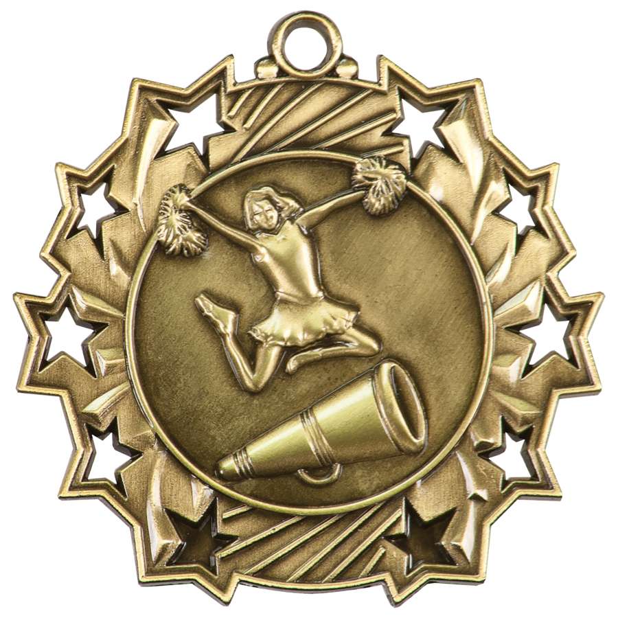 Cheerleading Ten Star Medal - Gold, Silver or Bronze | Engraved Spirit 10 Star Medallion | 2.25 Inch Wide Decade Awards