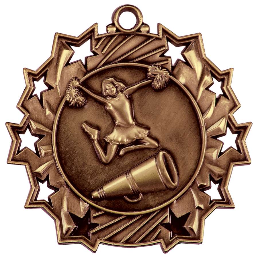 Cheerleading Ten Star Medal - Gold, Silver or Bronze | Engraved Spirit 10 Star Medallion | 2.25 Inch Wide Decade Awards