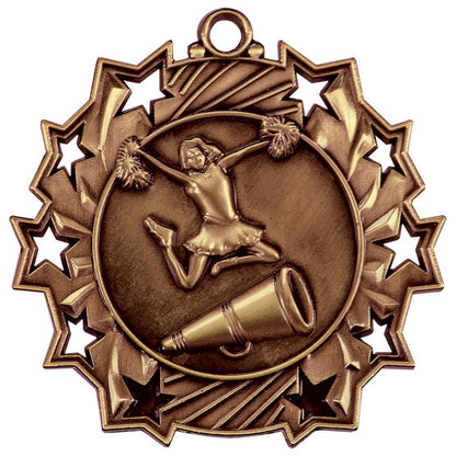 Cheerleading Ten Star Medal - Gold, Silver or Bronze | Engraved Spirit 10 Star Medallion | 2.25 Inch Wide Decade Awards