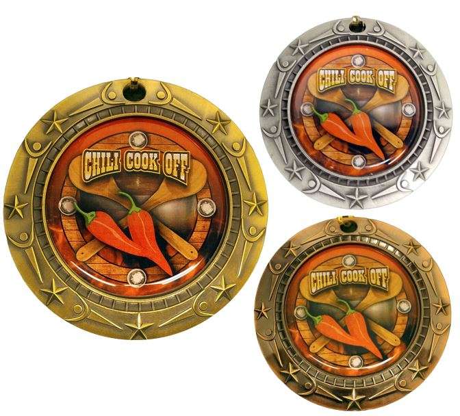 Chili Cook-Off World Class Medal - Gold, Silver or Bronze | Engraved Chili Competition Medallion - 3 Inch Wide Decade Awards