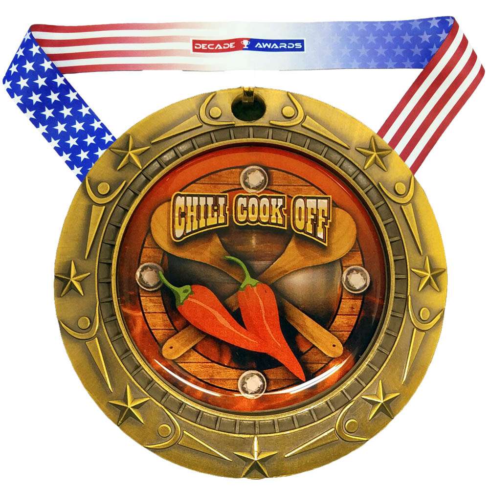 Chili Cook-Off World Class Medal - Gold, Silver or Bronze | Engraved Chili Competition Medallion - 3 Inch Wide Decade Awards