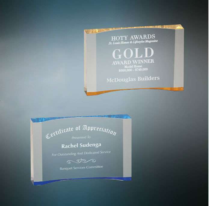 Crescent Acrylic Award - Blue or Gold | Engraved Acrylic Award - 3.5" x 5" OR 4.5" x 7" Decade Awards