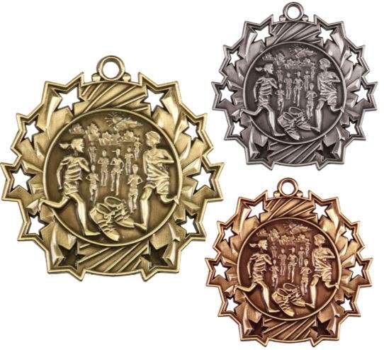 Cross Country Ten Star Medal - Gold, Silver or Bronze | Engraved Running 10 Star Medallion - 2.25 Inch Wide Decade Awards