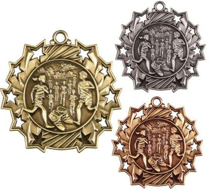 Cross Country Ten Star Medal - Gold, Silver or Bronze | Engraved Running 10 Star Medallion - 2.25 Inch Wide Decade Awards