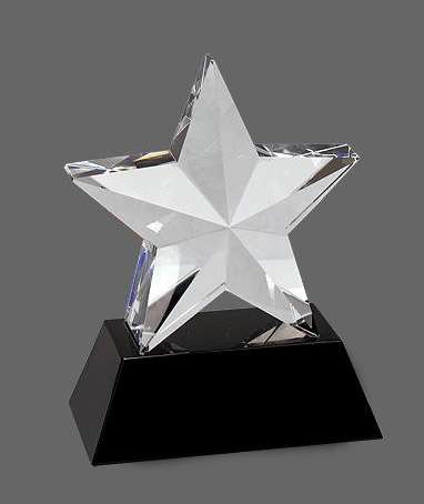 Crystal 3D Star on Black Base - 6 Inch Tall | Engraved Star Corporate Award Decade Awards