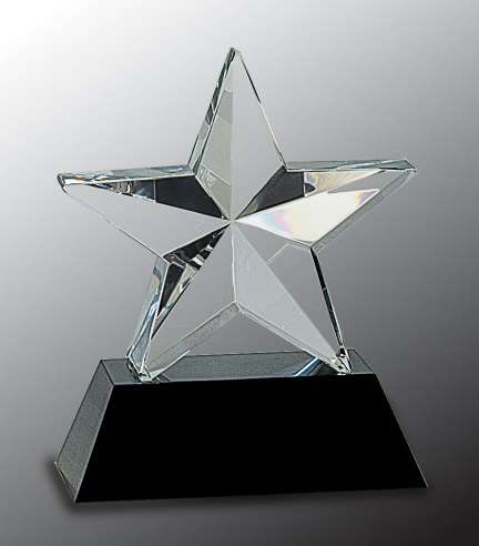 Crystal 3D Star on Black Base - 6 Inch Tall | Engraved Star Corporate Award Decade Awards