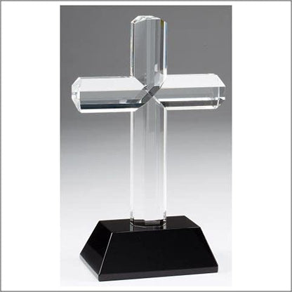 Crystal Cross - 8.5 Inch Tall | Engraved Crystal Cross on Black Base Decade Awards
